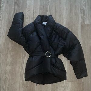 Frame Denim Black Wrap Shawl Collar Belted Puffer Jacket Coat